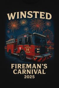 A red fire truck labeled "Winsted Engine 14" is in front of fireworks and a carnival scene. Text reads: "WINSTED FIREMAN'S CARNIVAL 2025.